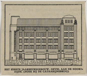  Opstand van de noordgevel van het eerste Jaarbeursgebouw op het Vredenburg te Utrecht.